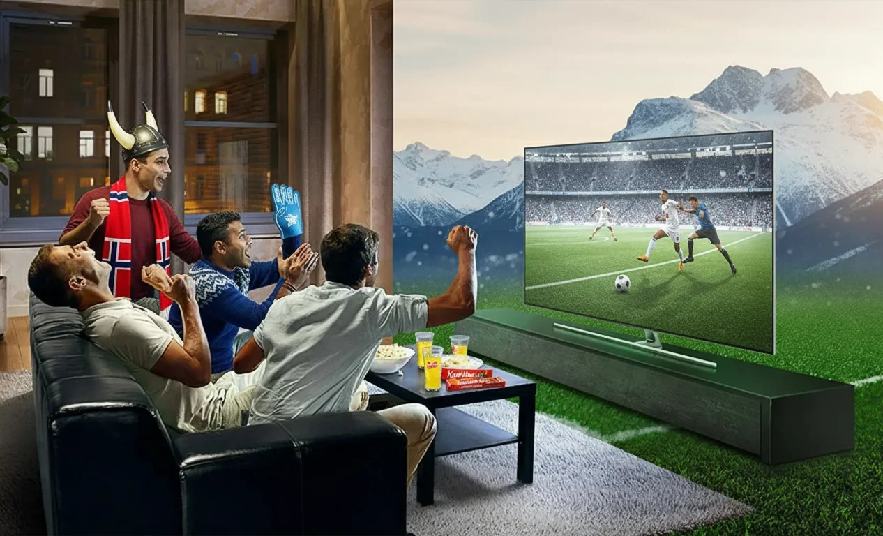 Family watching sports together on TV — IPTV Norway / IPTV Norge streaming experience. NORWAY IPTV / NORDIC IPTV /NORSK IPTV