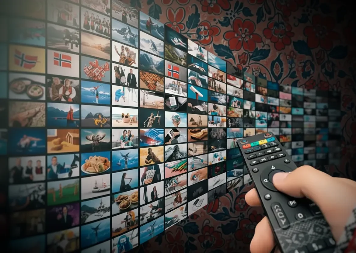 Hand with remote pointing at screens showing Norwegian and Nordic content — IPTV Norway / IPTV Norge NORDIC IPTV